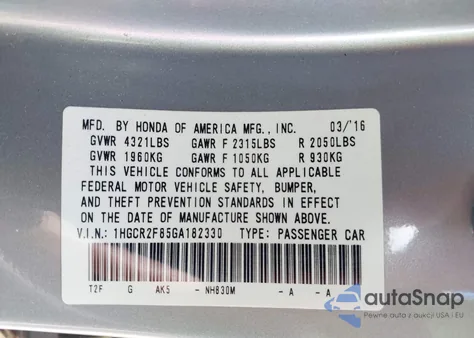 2016 Honda Accord Ex-L z USA, uszkodzony, nr VIN 1HGCR2F85GA182330